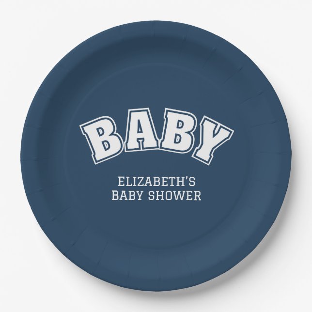 Preppy Collegiate Varsity Navy Baby Shower Paper Plate (Front)