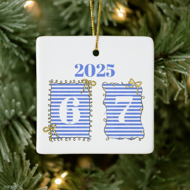 Preppy Coquette 6–7 Frames Blue Stripe Bows Trend  Ceramic Ornament (Tree)