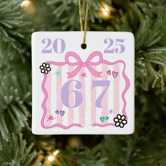 Preppy Coquette 6–7 Pink Stripe Bow Trend Year Ceramic Ornament (Tree)