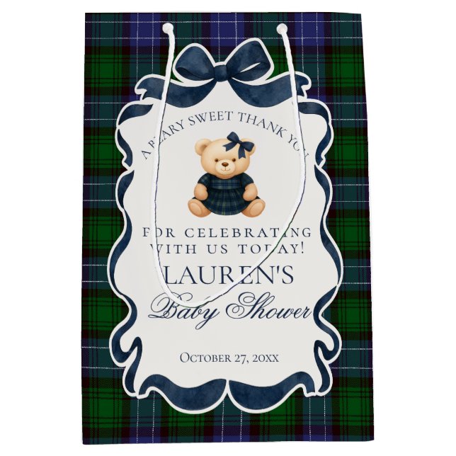 Preppy Coquette Bow Bear Plaid Baby Shower Favors Medium Gift Bag (Front)