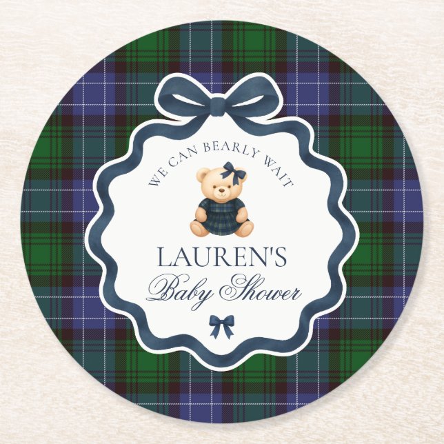 Preppy Coquette Bow Bear Plaid Baby Shower  Round Paper Coaster (Front)