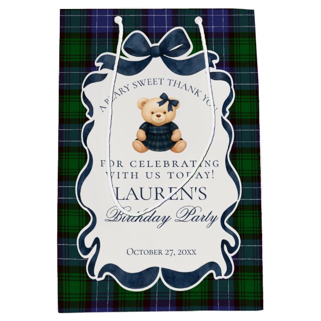 Preppy Coquette Bow Bear Tartan Birthday Favors Medium Gift Bag (Front)