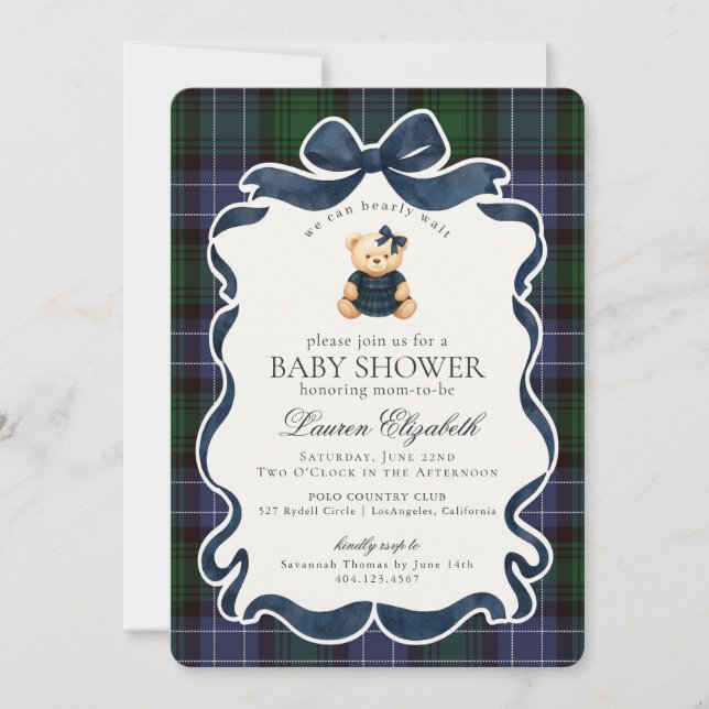 Preppy Coquette Bow Bear Tartan Plaid Baby Shower Invitation (Front)