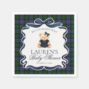 Preppy Coquette Bow Bear Tartan Plaid Baby Shower Napkin