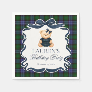 Preppy Coquette Bow Bear Tartan Plaid Birthday Napkin