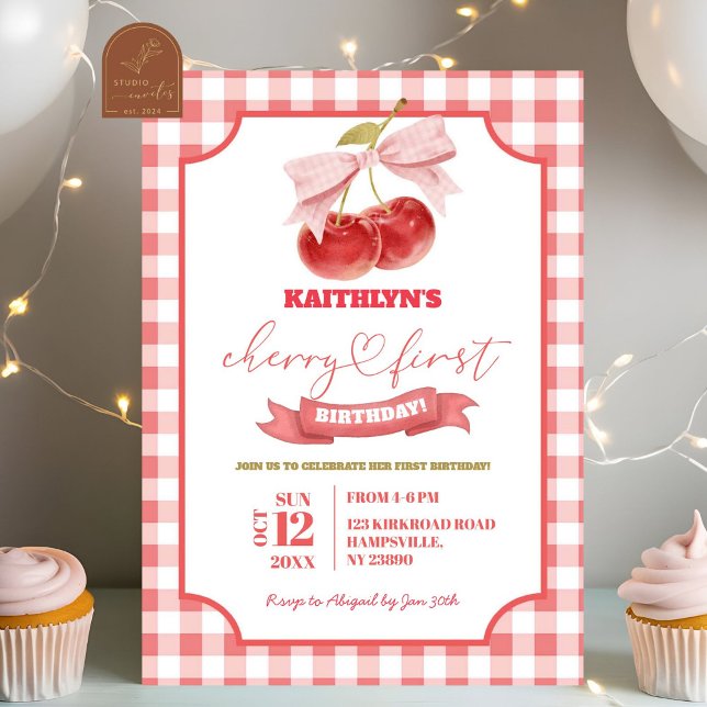 Preppy Coquette Cherry On Top First Birthday Girl Invitation (Creator Uploaded)