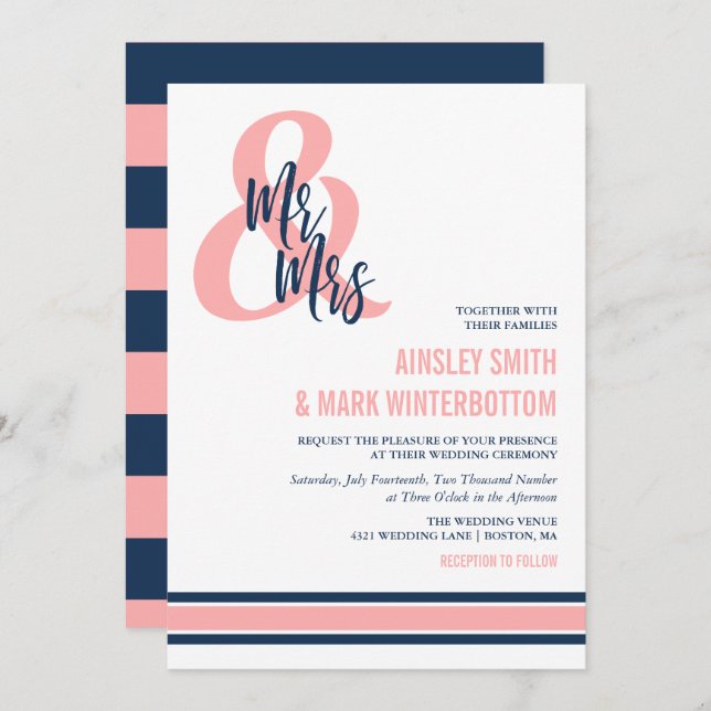 Preppy Coral & Navy Mr & Mrs Wedding Invitation (Front/Back)