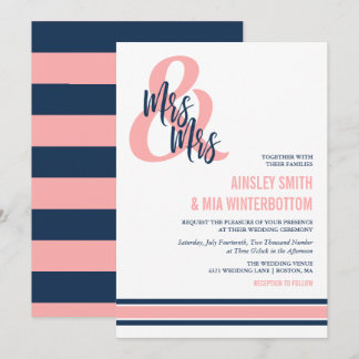 Preppy Coral & Navy Mrs & Mrs Wedding Invitation