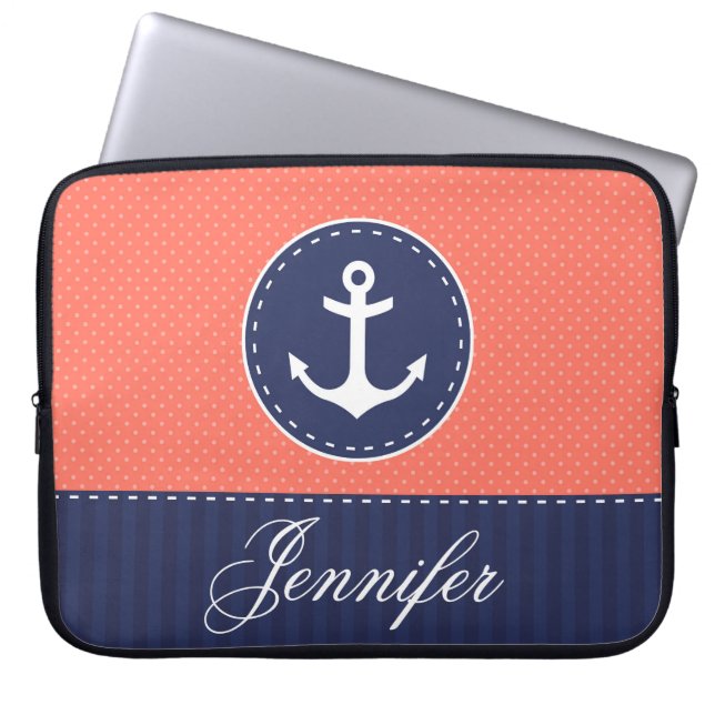 Preppy Coral Navy Nautical Anchor Custom Name Laptop Sleeve (Front)