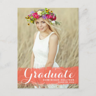 Preppy Coral Watercolor Overlay Photo Graduation Announcement Postcard