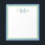 Preppy Cornflower Blue and Sage Green Monogram Notepad<br><div class="desc">Personalise this preppy soft sage green,  cornflower blue and white monogram notepad with your choice of name and initial.</div>
