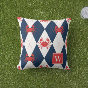 Preppy Crab Argyle Red & Navy Monogram Cushion