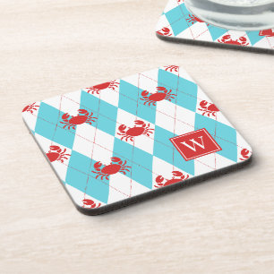 Preppy Crab Argyle Red & Turquoise Monogram Coaster
