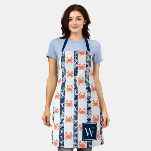 Preppy Crab Greek Key - Coral & Navy Monogram Apron