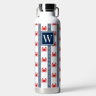 Preppy Crab - Greek Key Red & Navy Monogram Water Bottle
