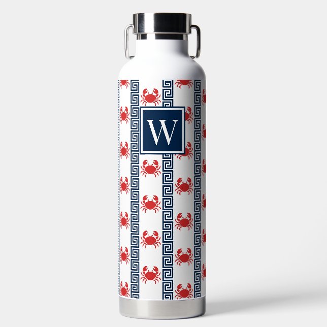Preppy Crab - Greek Key Red & Navy Monogram Water Bottle (Front)