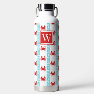 Preppy Crab - Greek Key Red & Turquoise Monogram Water Bottle