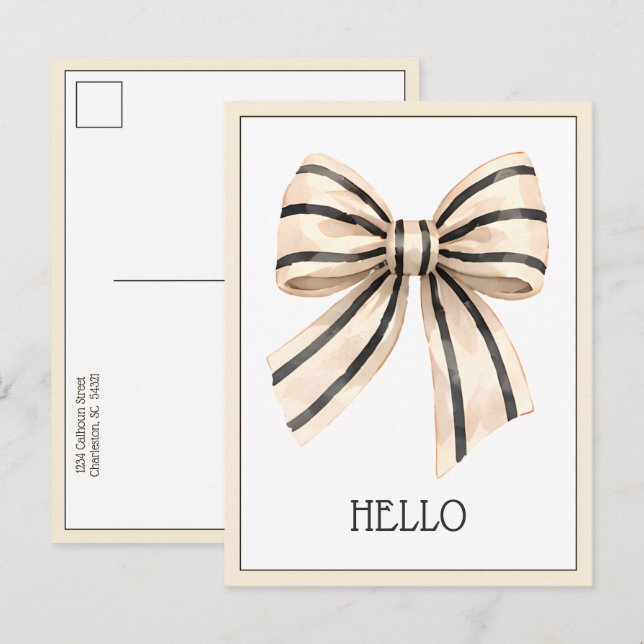 Preppy Cream and Black Stripe Bow Postcard (Front/Back)