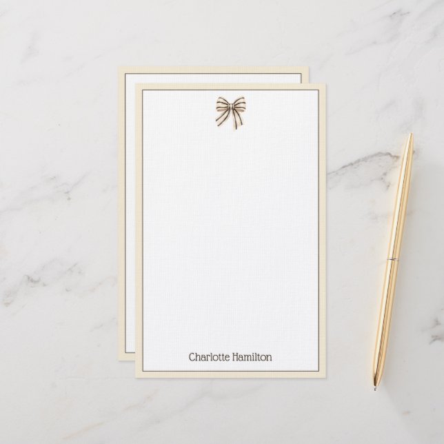 Preppy Cream and Black Stripe Bow Stationery (Front/Back In Situ)