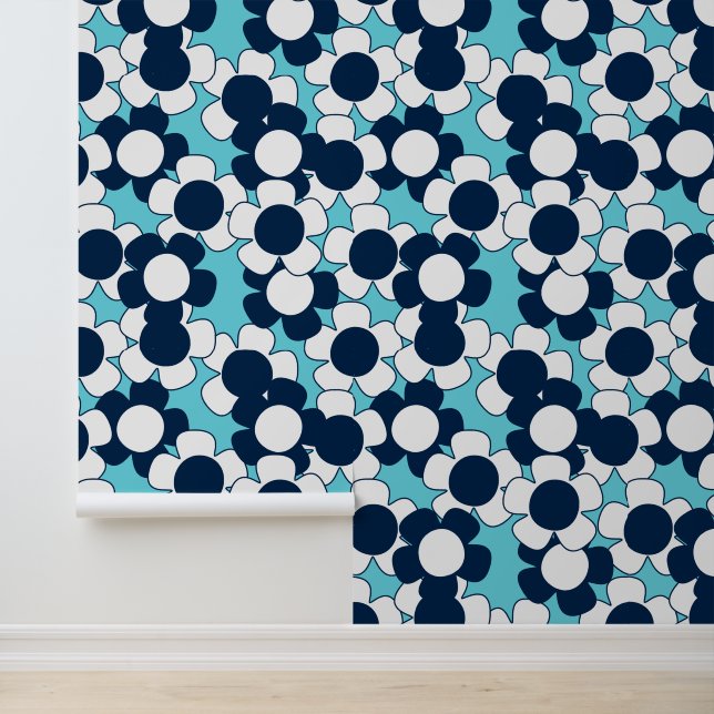 Preppy Daisy Allover Bloom – Navy & Turquoise Wallpaper (Application)