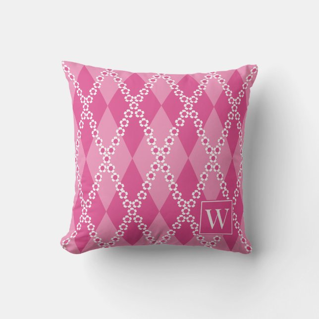 Preppy Daisy Argyle – Hot Pink & Pink Monogram Cushion (Front)