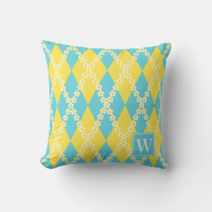 Preppy Daisy Argyle – Yellow & Turquoise Monogram Cushion