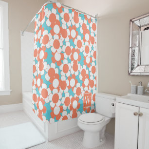 Preppy Daisy Bloom – Coral & Turquoise Monogram Shower Curtain