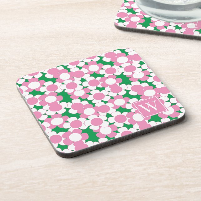 Preppy Daisy Bloom – Pink & Green Monogram Coaster (Left Side)