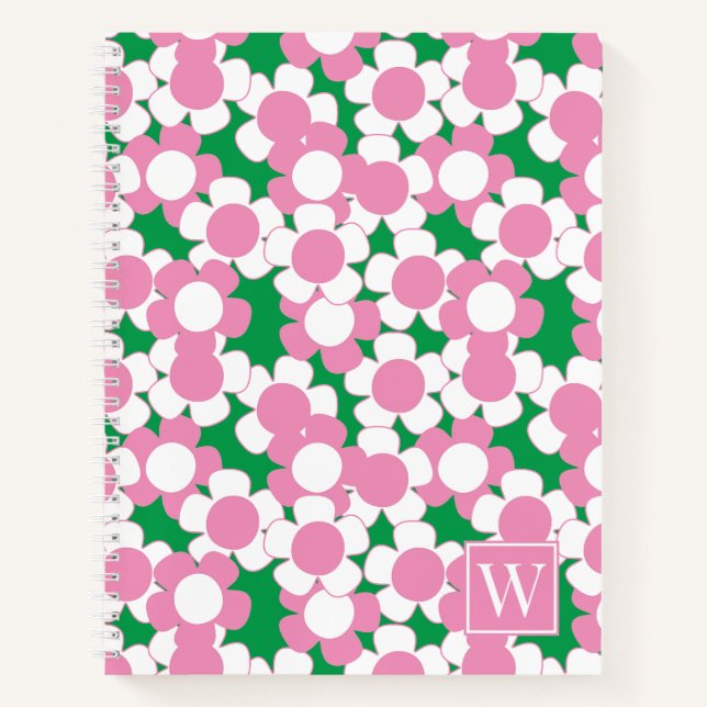 Preppy Daisy Bloom – Pink & Green Monogram Notebook (Front)