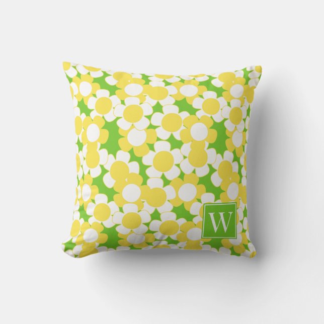 Preppy Daisy Bloom – Yellow & Lime Monogram Cushion (Front)