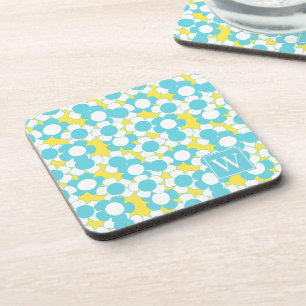 Preppy Daisy Bloom – Yellow & Turquoise Monogram Coaster