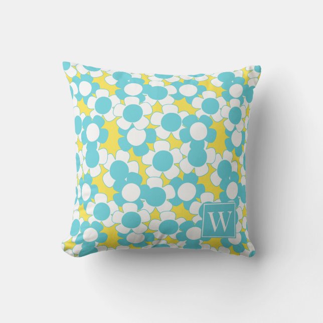 Preppy Daisy Bloom – Yellow & Turquoise Monogram Cushion (Front)