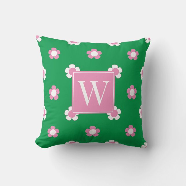 Preppy Daisy Field – Pink & Green Monogram Cushion (Front)