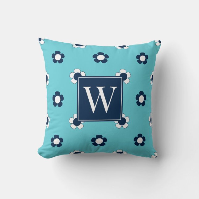 Preppy Daisy Field – Turquoise & Navy Monogram Cushion (Front)
