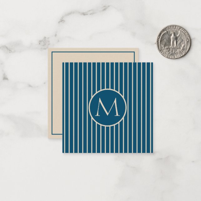 Preppy Dark Blue and Cream Stripe Monogram Card (Front/Back In Situ)