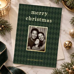 Preppy Dark Green Argyle Gold Foil Christmas Photo