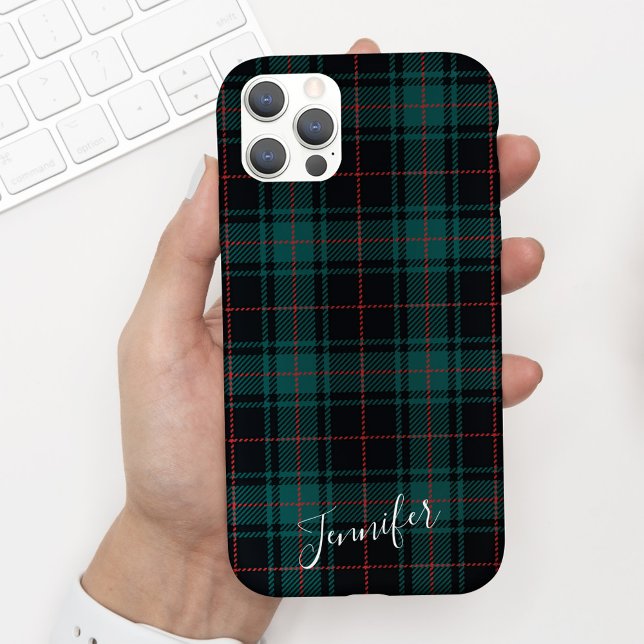 Preppy Dark Green Tartan Plaid Name Phone Case (Creator Uploaded)