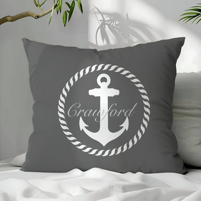 Preppy Dark Grey & White Nautical Anchor Monogram Cushion (Creator Uploaded)