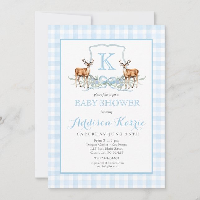 Preppy Deer Gingham Crest Baby Shower Invitation (Front)