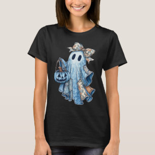 Preppy Denim Floral Fall Ghost Boo Denim Patchwork T-Shirt