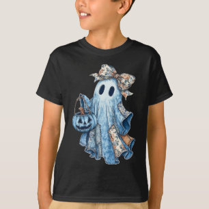 Preppy Denim Floral Fall Ghost Boo Denim Patchwork T-Shirt