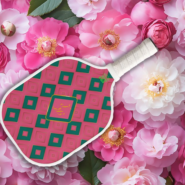  Preppy Diamond Design Pink and Green Monogrammed  Pickleball Paddle (Stylish Pink and Green Diamond Monogram Pickleball Paddle )