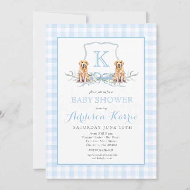 Preppy Dog Gingham Crest Baby Shower Invitation (Front)