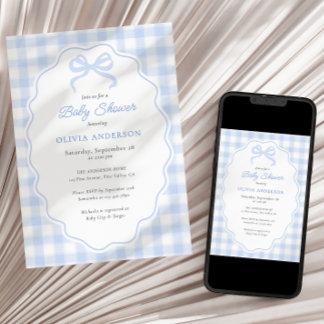Preppy Doodle Frame Blue Gingham & Bow Baby Shower Invitation