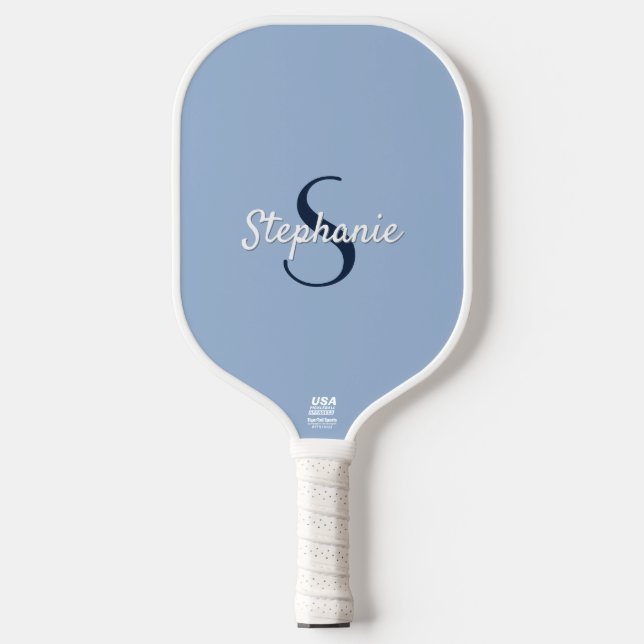 Preppy Dusty Blue Navy Custom Monogram Name Pickleball Paddle (Front)