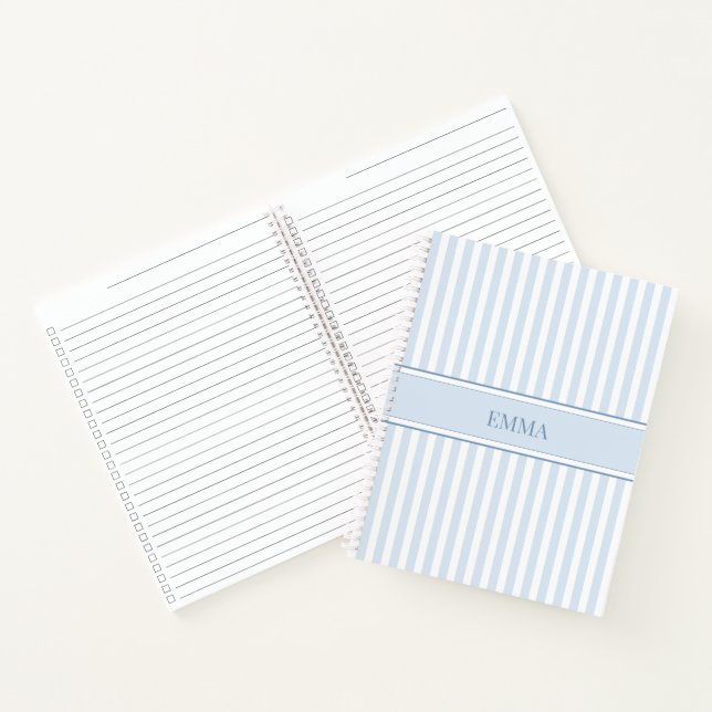 Preppy Dusty Blue Striped Simple Personalised Name Notebook (Inside)