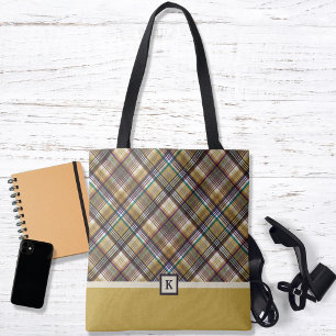 Preppy Earth Tones Plaid Monogram Tote Bag