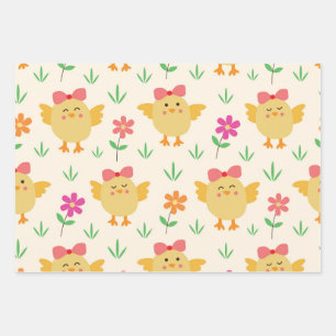 Preppy Easter Baby Chicks with Bows and Flowers  Wrapping Paper Sheet