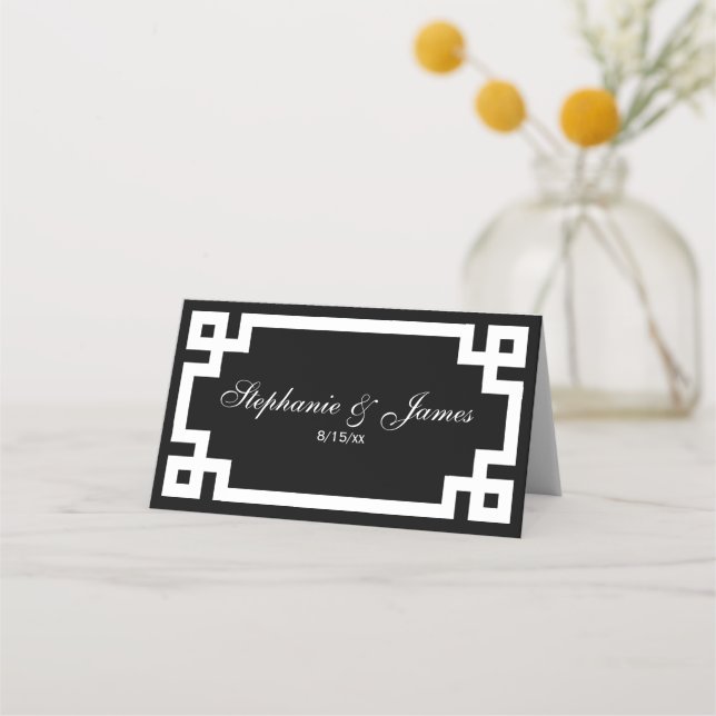Preppy Elegan White Greek Key Escort Cards (Front)