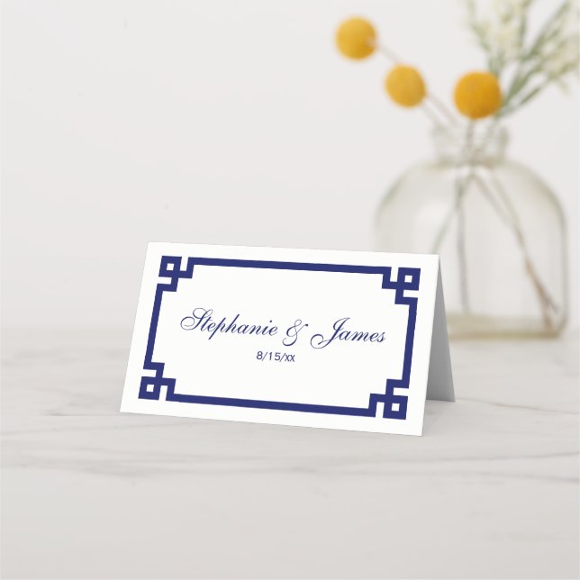 Preppy Elegant Navy Blue Greek Key Escort Cards (Front)